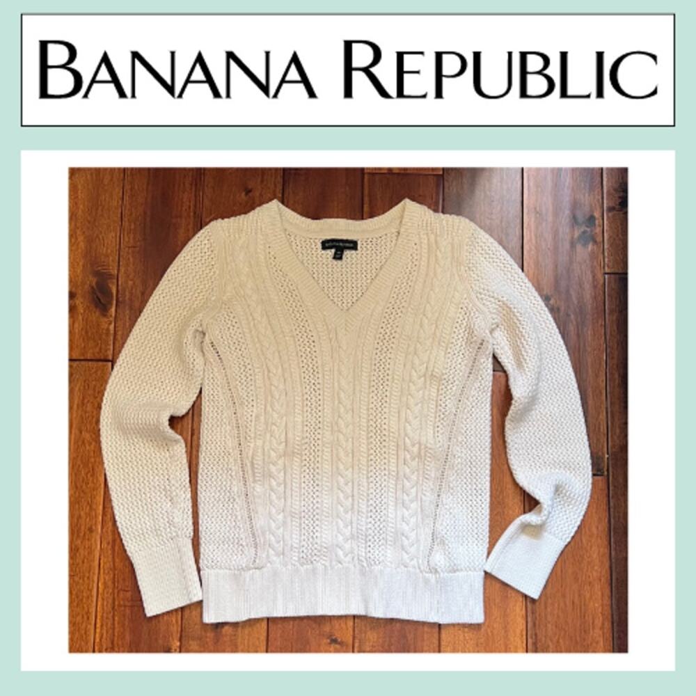 BANANA REPUBLIC Cable Knit V Neck Sweater Cream Ivory Cotton Blend